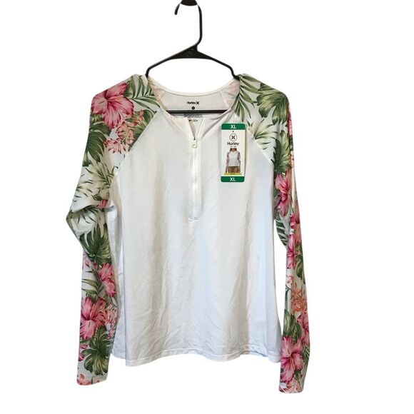 Hurley UPF 50+ Rash Guard Women XL white floral sleeves pool beach water surf - Picture 1 of 10